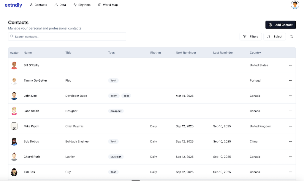 Extndly app interface showing relationship dashboard